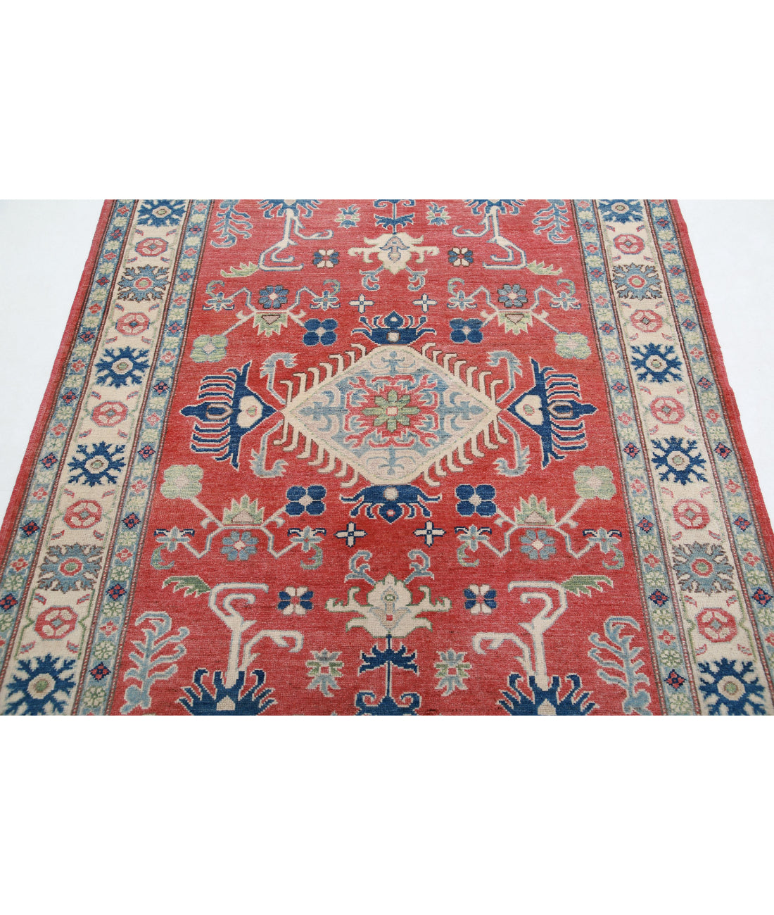 Hand Knotted Tribal Kazak Wool Rug - 5'0'' x 6'4'' 5'0'' x 6'4'' (150 X 190) / Red / Ivory