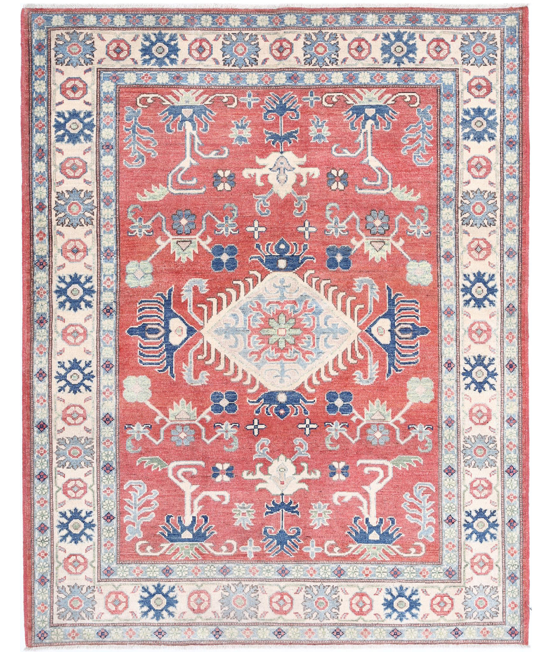 Hand Knotted Tribal Kazak Wool Rug - 5&#39;0&#39;&#39; x 6&#39;4&#39;&#39; 5&#39;0&#39;&#39; x 6&#39;4&#39;&#39; (150 X 190) / Red / Ivory