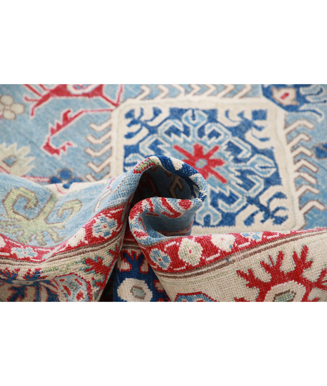 Hand Knotted Tribal Kazak Wool Rug - 4'10'' x 6'7'' 4'10'' x 6'7'' (145 X 198) / Blue / Ivory