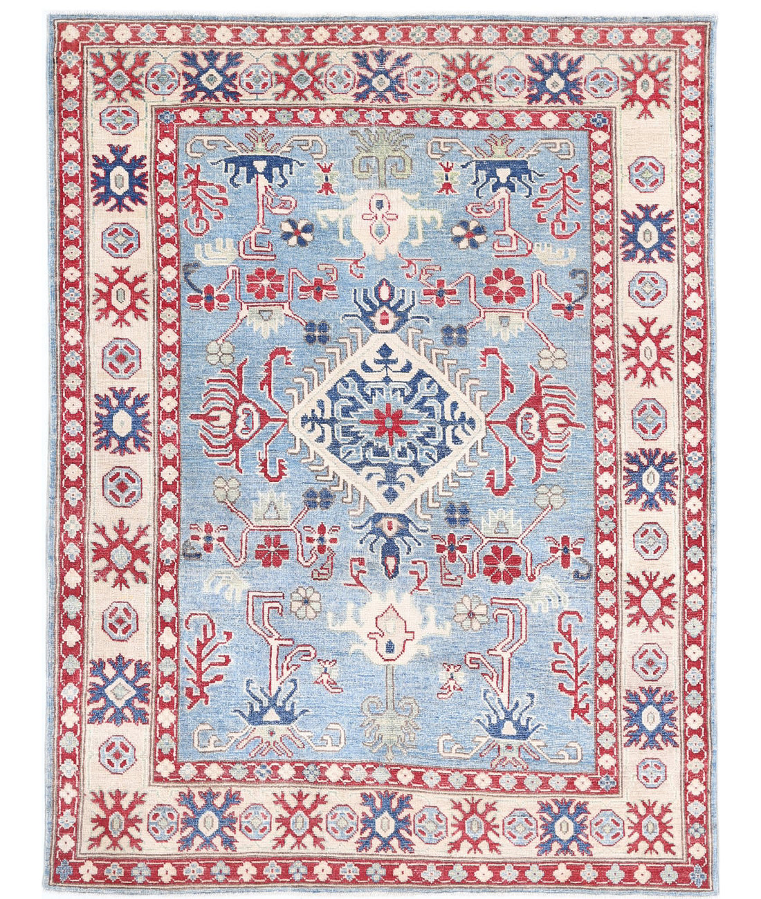 Hand Knotted Tribal Kazak Wool Rug - 4'10'' x 6'7'' 4'10'' x 6'7'' (145 X 198) / Blue / Ivory