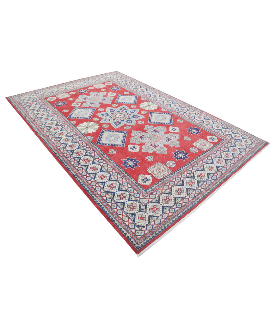 Hand Knotted Tribal Kazak Wool Rug - 6'8'' x 9'10'' 6'8'' x 9'10'' (200 X 295) / Red / Ivory