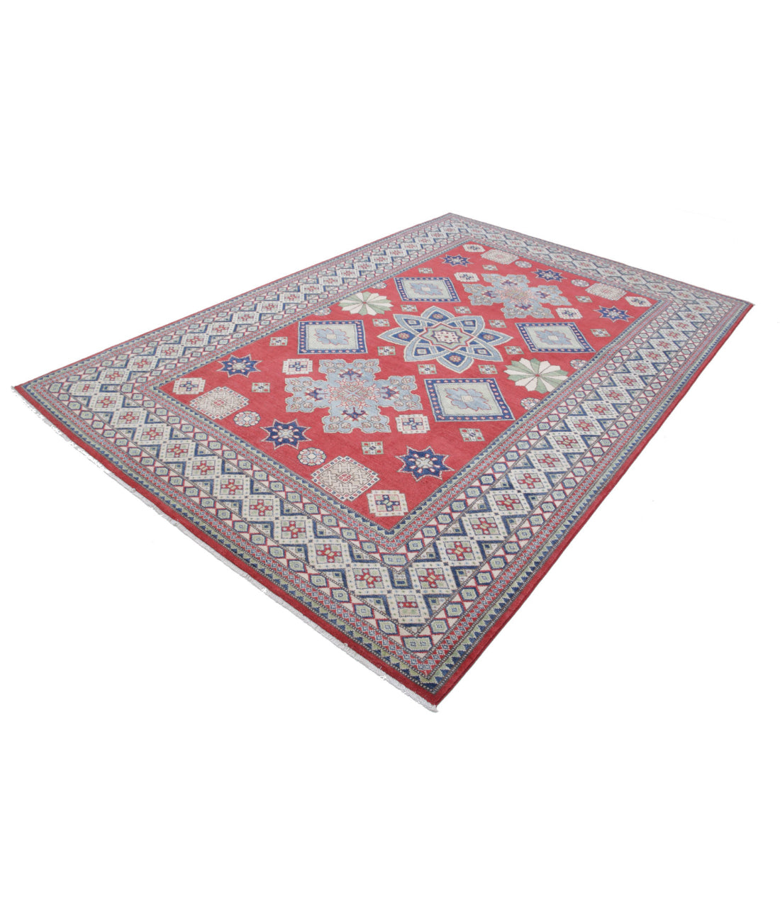 Hand Knotted Tribal Kazak Wool Rug - 6'8'' x 9'10'' 6'8'' x 9'10'' (200 X 295) / Red / Ivory