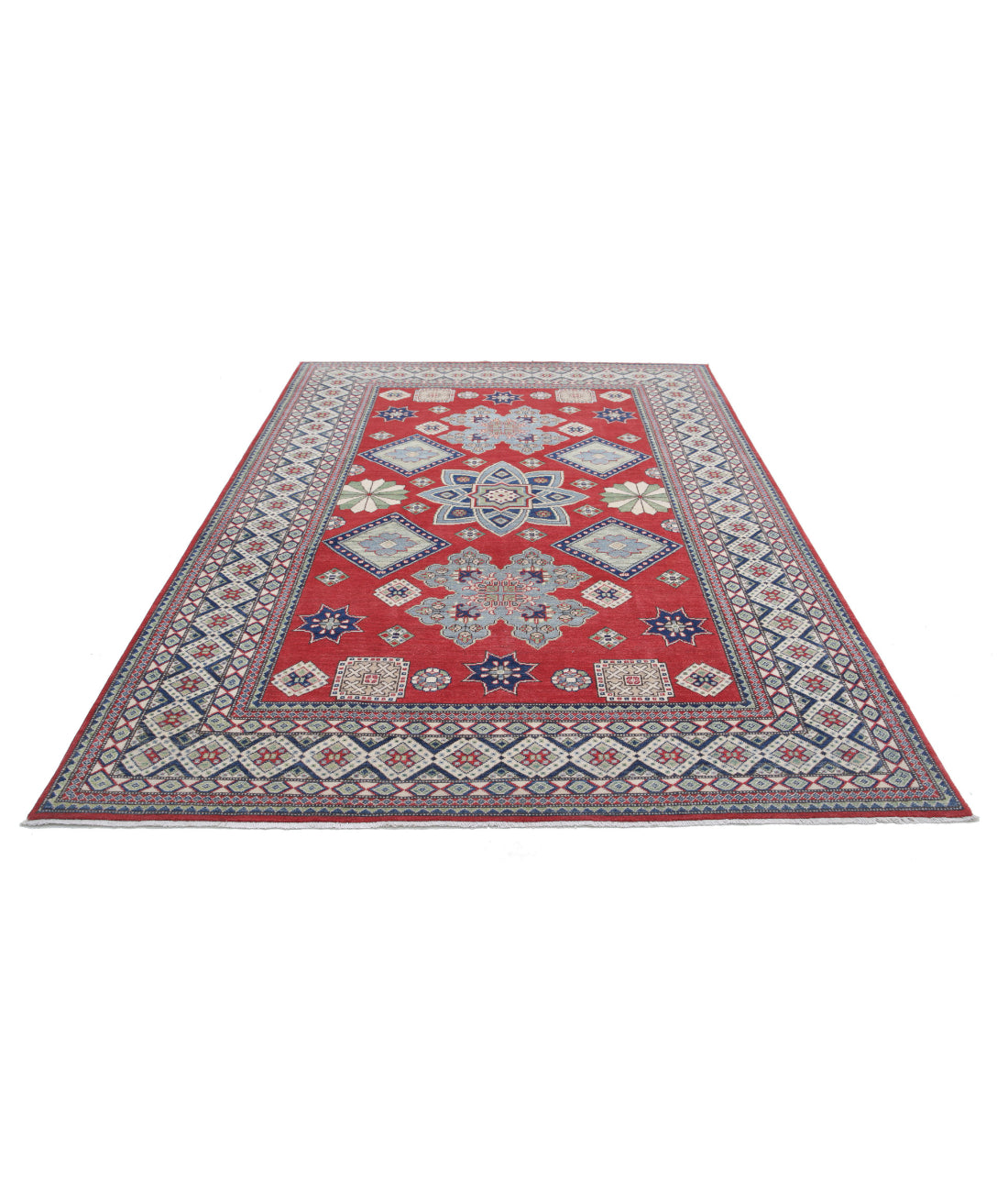 Hand Knotted Tribal Kazak Wool Rug - 6'8'' x 9'10'' 6'8'' x 9'10'' (200 X 295) / Red / Ivory