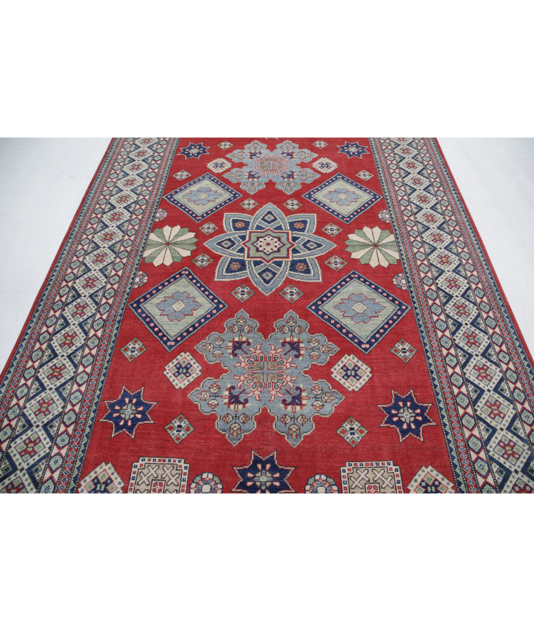 Hand Knotted Tribal Kazak Wool Rug - 6'8'' x 9'10'' 6'8'' x 9'10'' (200 X 295) / Red / Ivory