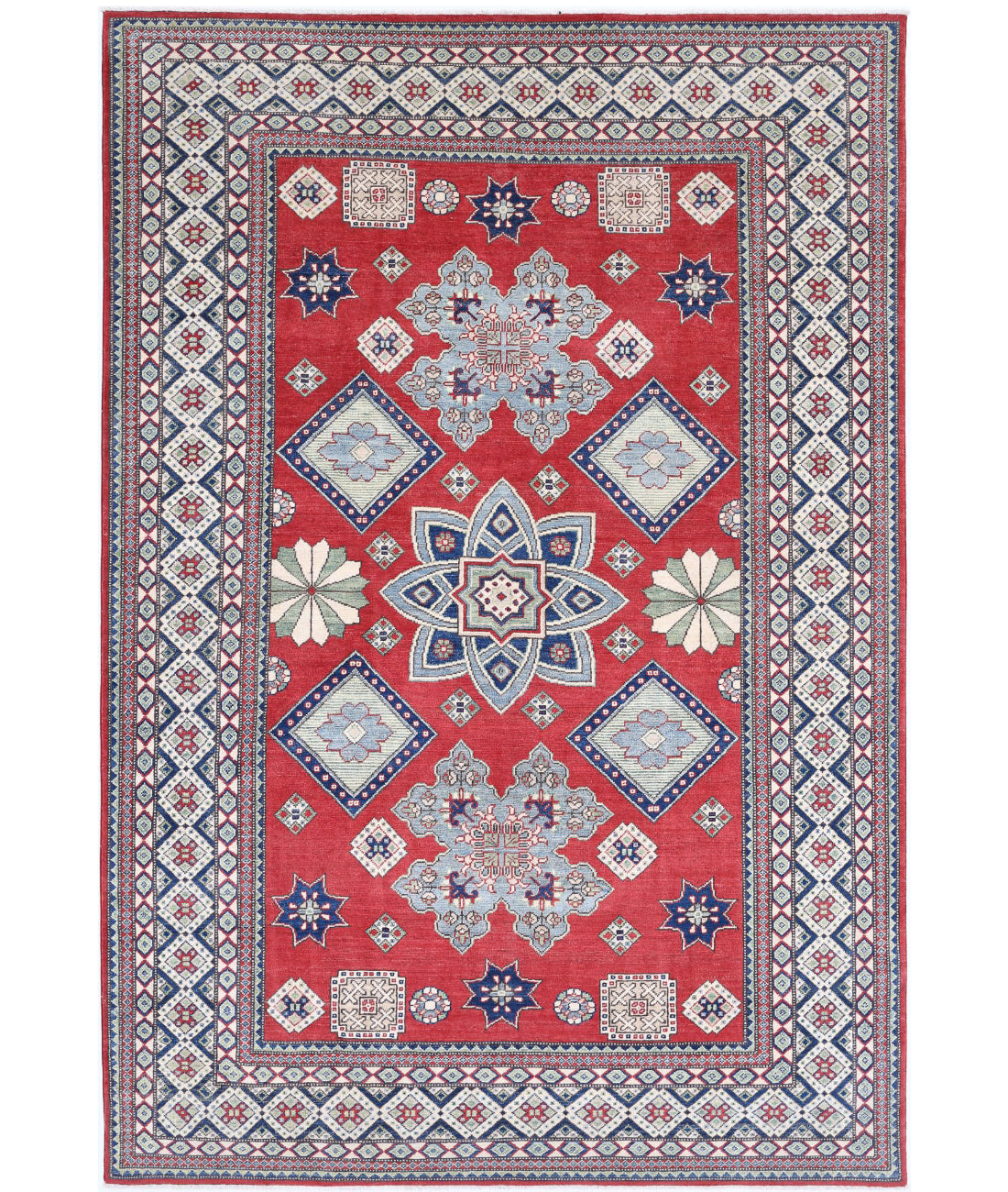 Hand Knotted Tribal Kazak Wool Rug - 6&#39;8&#39;&#39; x 9&#39;10&#39;&#39; 6&#39;8&#39;&#39; x 9&#39;10&#39;&#39; (200 X 295) / Red / Ivory