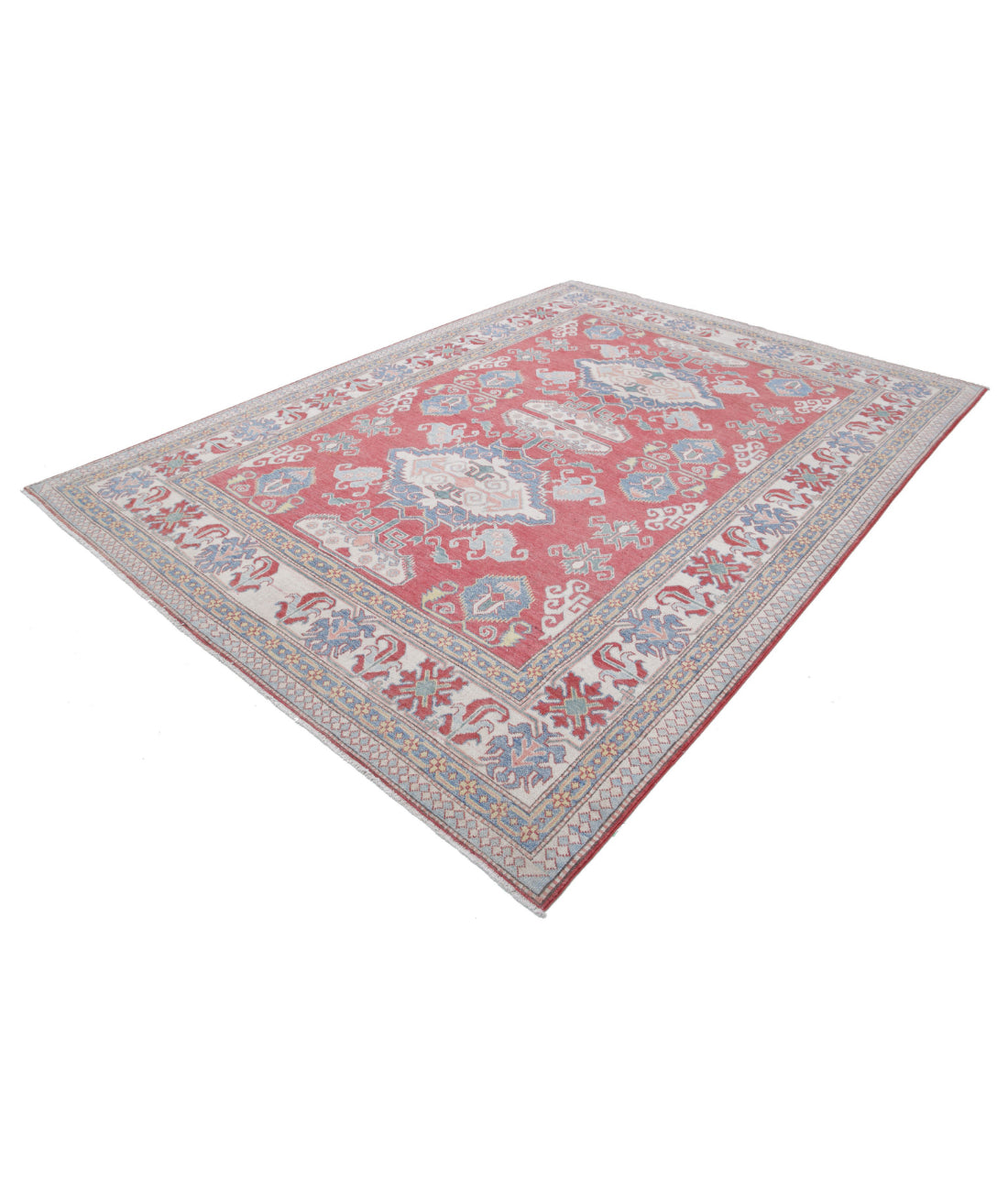 Hand Knotted Tribal Kazak Wool Rug - 7'8'' x 10'8'' 7'8'' x 10'8'' (230 X 320) / Red / Ivory