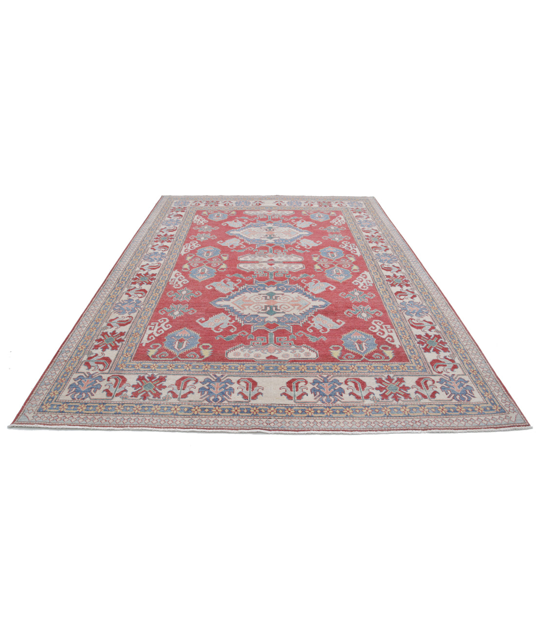 Hand Knotted Tribal Kazak Wool Rug - 7'8'' x 10'8'' 7'8'' x 10'8'' (230 X 320) / Red / Ivory