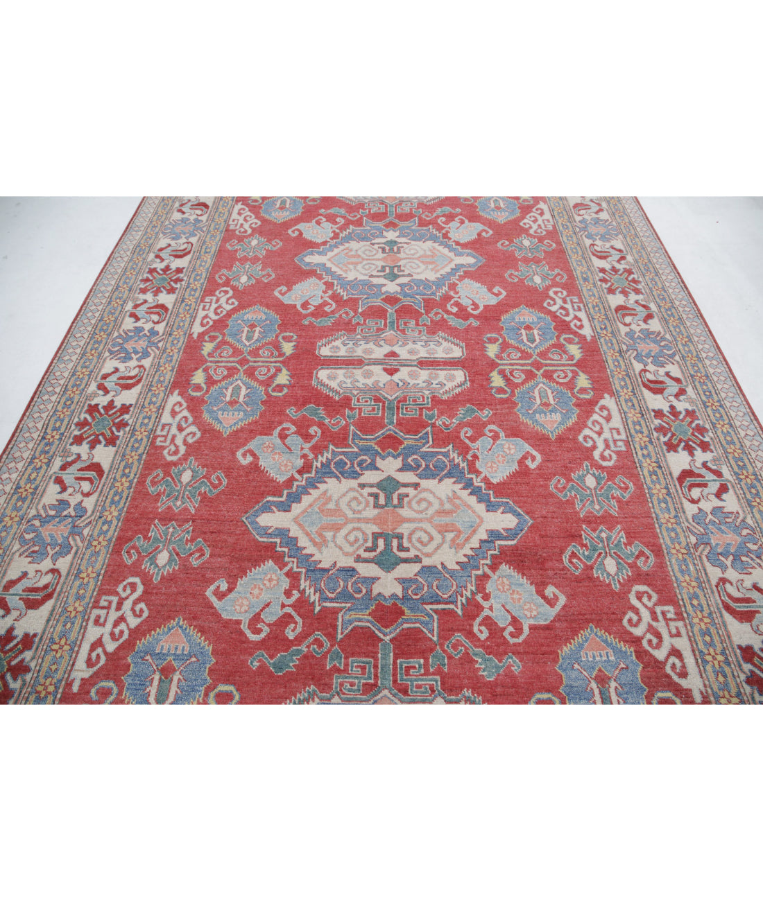 Hand Knotted Tribal Kazak Wool Rug - 7'8'' x 10'8'' 7'8'' x 10'8'' (230 X 320) / Red / Ivory