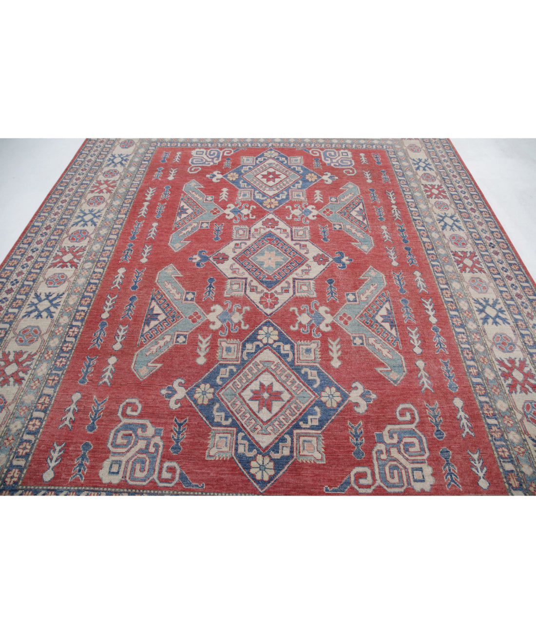 Hand Knotted Tribal Kazak Wool Rug - 8'6'' x 10'5'' 8'6'' x 10'5'' (255 X 313) / Red / Ivory