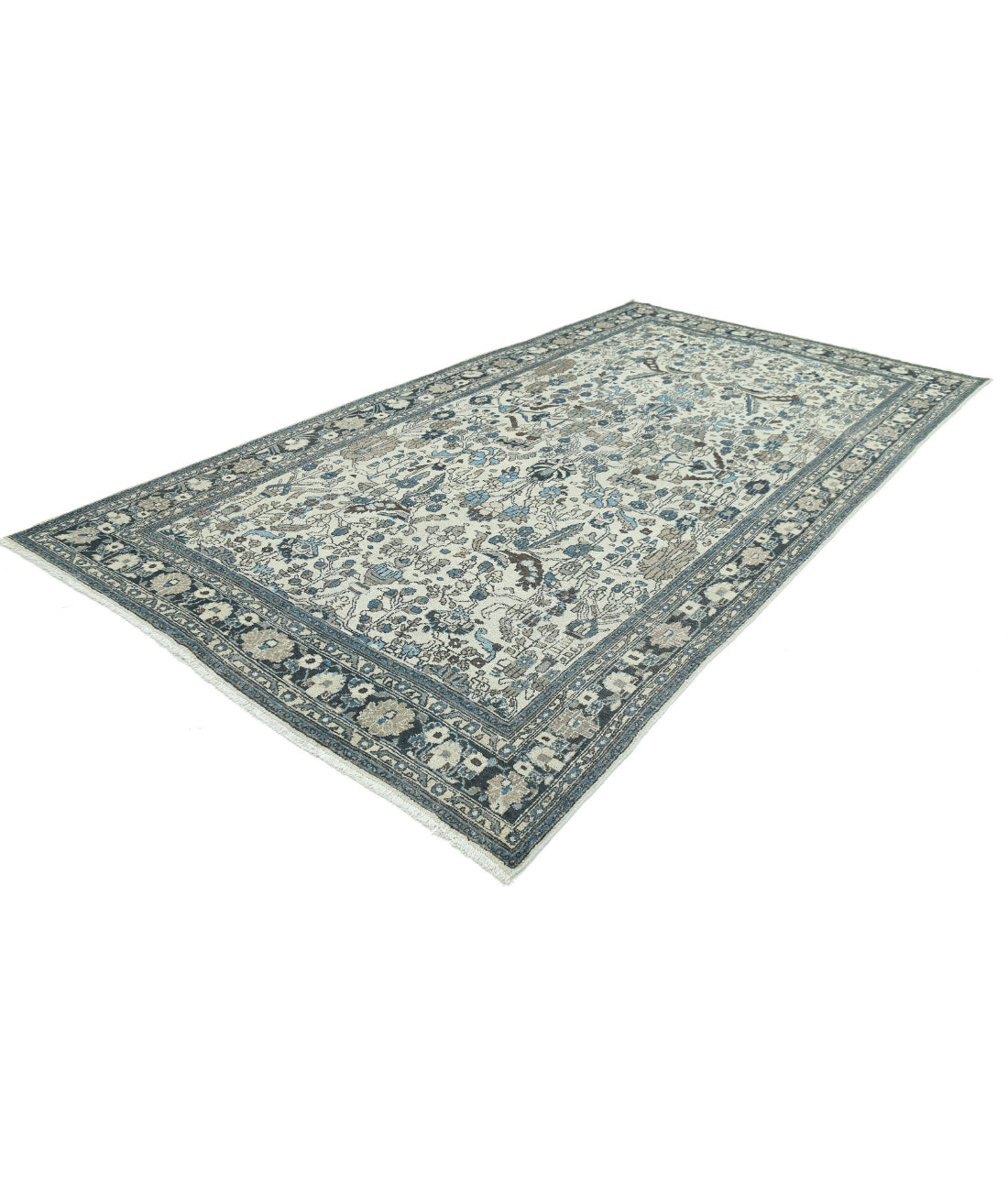 Hand Knotted Vintage Persian Bakhtiari Wool Rug - 7'2'' x 13'0'' 7'2'' x 13'0'' (215 X 390) / Ivory / Blue