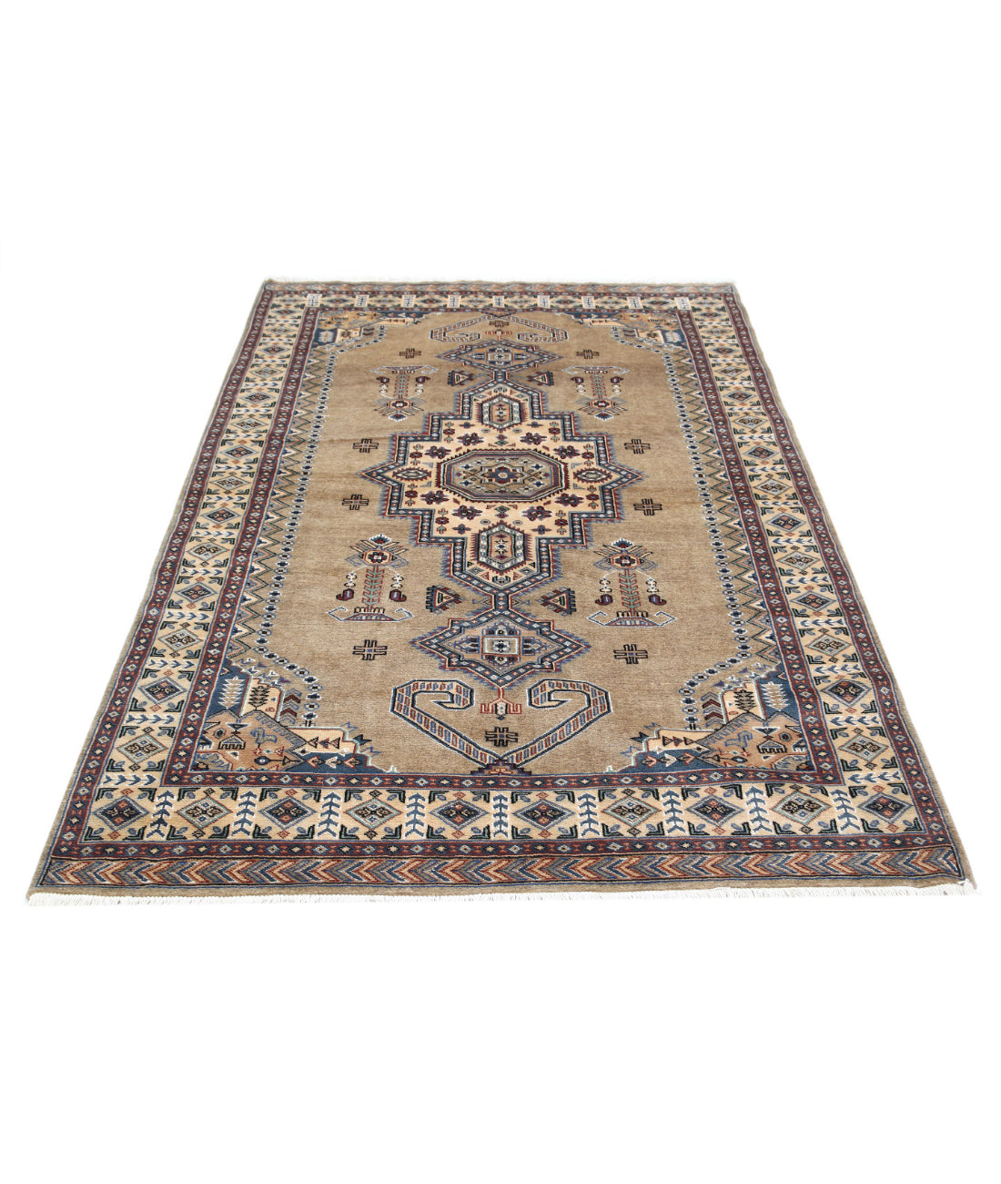 Hand Knotted Tribal Jaldar Fine Wool & Silk Rug - 4'6'' x 6'9'' 4'6'' x 6'9'' (135 X 203) / Brown / Ivory