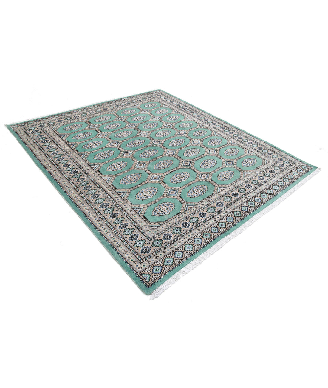 Hand Knotted Tribal Bokhara Wool Rug - 6'10'' x 7'9'' 6'10'' x 7'9'' (205 X 233) / Green / Taupe