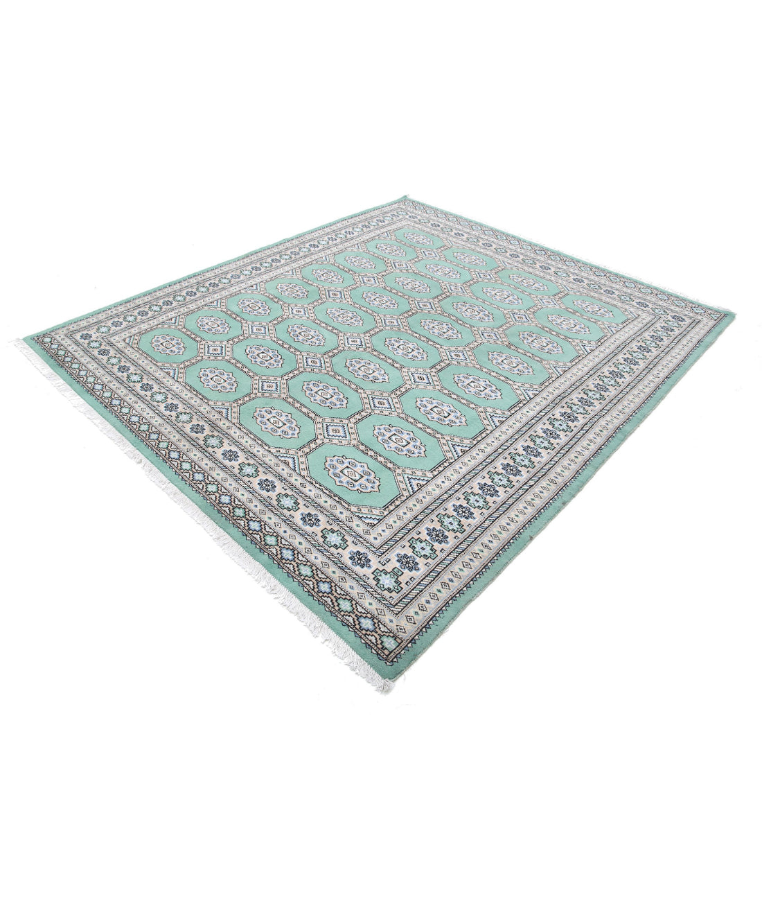 Hand Knotted Tribal Bokhara Wool Rug - 6'10'' x 7'9'' 6'10'' x 7'9'' (205 X 233) / Green / Taupe