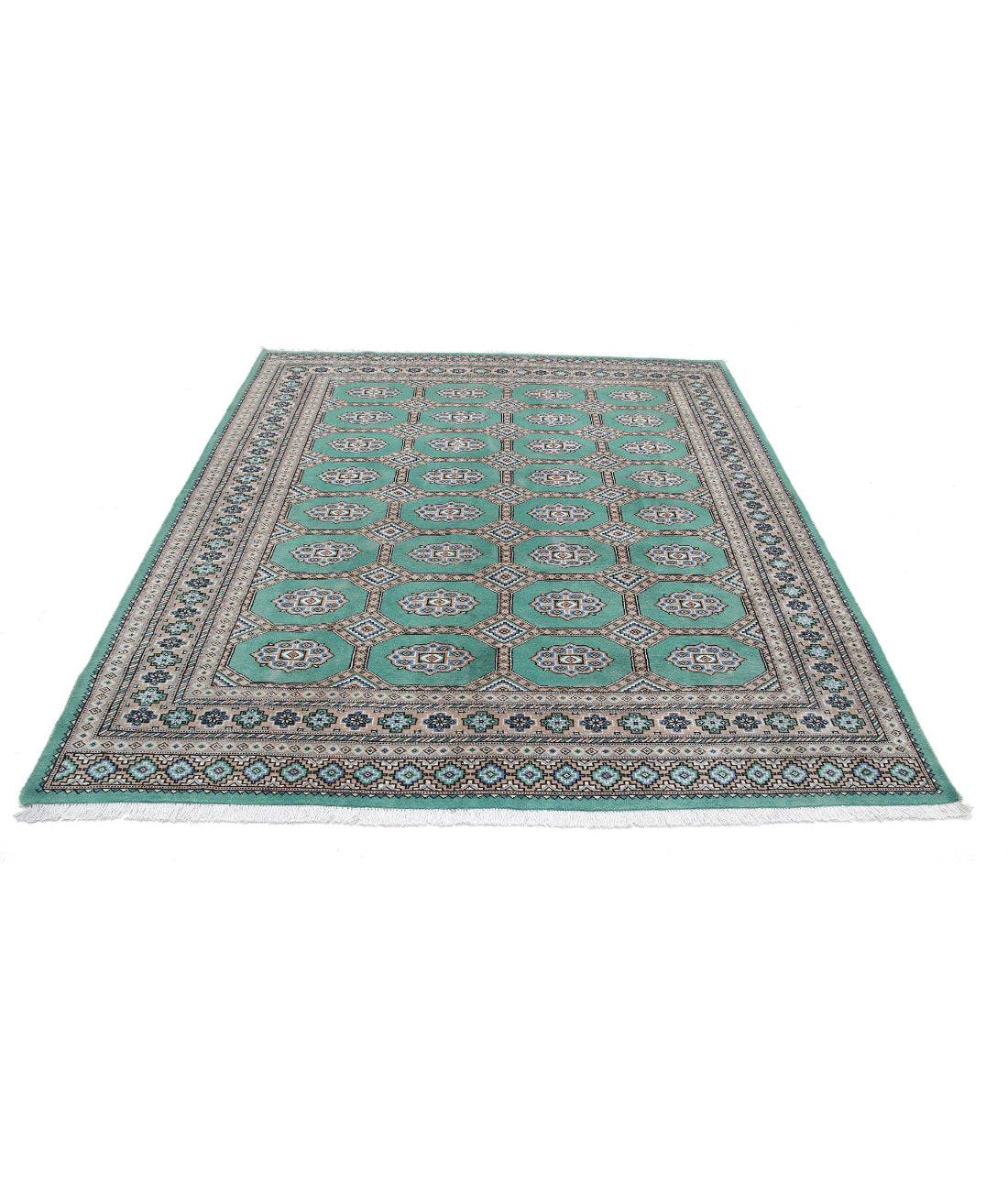 Hand Knotted Tribal Bokhara Wool Rug - 6'10'' x 7'9'' 6'10'' x 7'9'' (205 X 233) / Green / Taupe