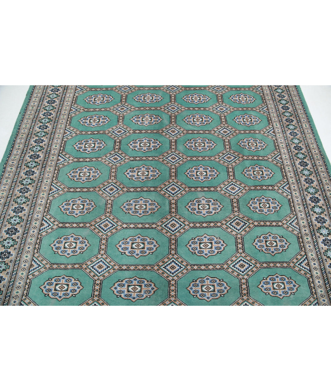 Hand Knotted Tribal Bokhara Wool Rug - 6'10'' x 7'9'' 6'10'' x 7'9'' (205 X 233) / Green / Taupe