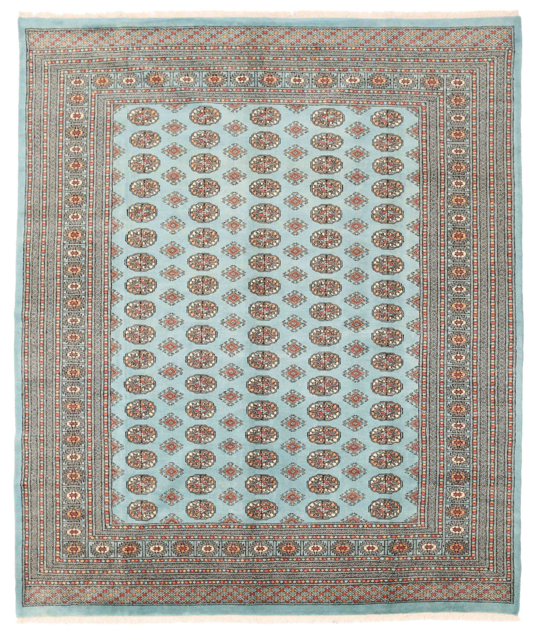 Hand Knotted Bokhara Wool Rug  - 8&#39; 0&quot; X 9&#39; 7&quot; 8&#39; 0&quot; X 9&#39; 7&quot; (244 X 292) / Blue / Pink