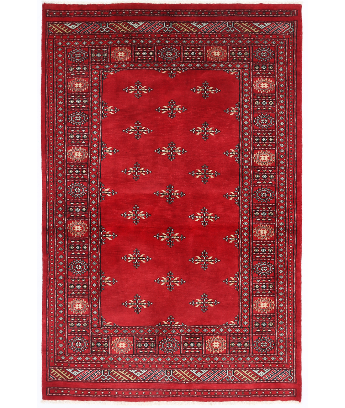 Hand Knotted Bokhara Wool Rug  - 4&#39; 1&quot; X 6&#39; 4&quot; 4&#39; 1&quot; X 6&#39; 4&quot; (124 X 193) / Red / Ivory