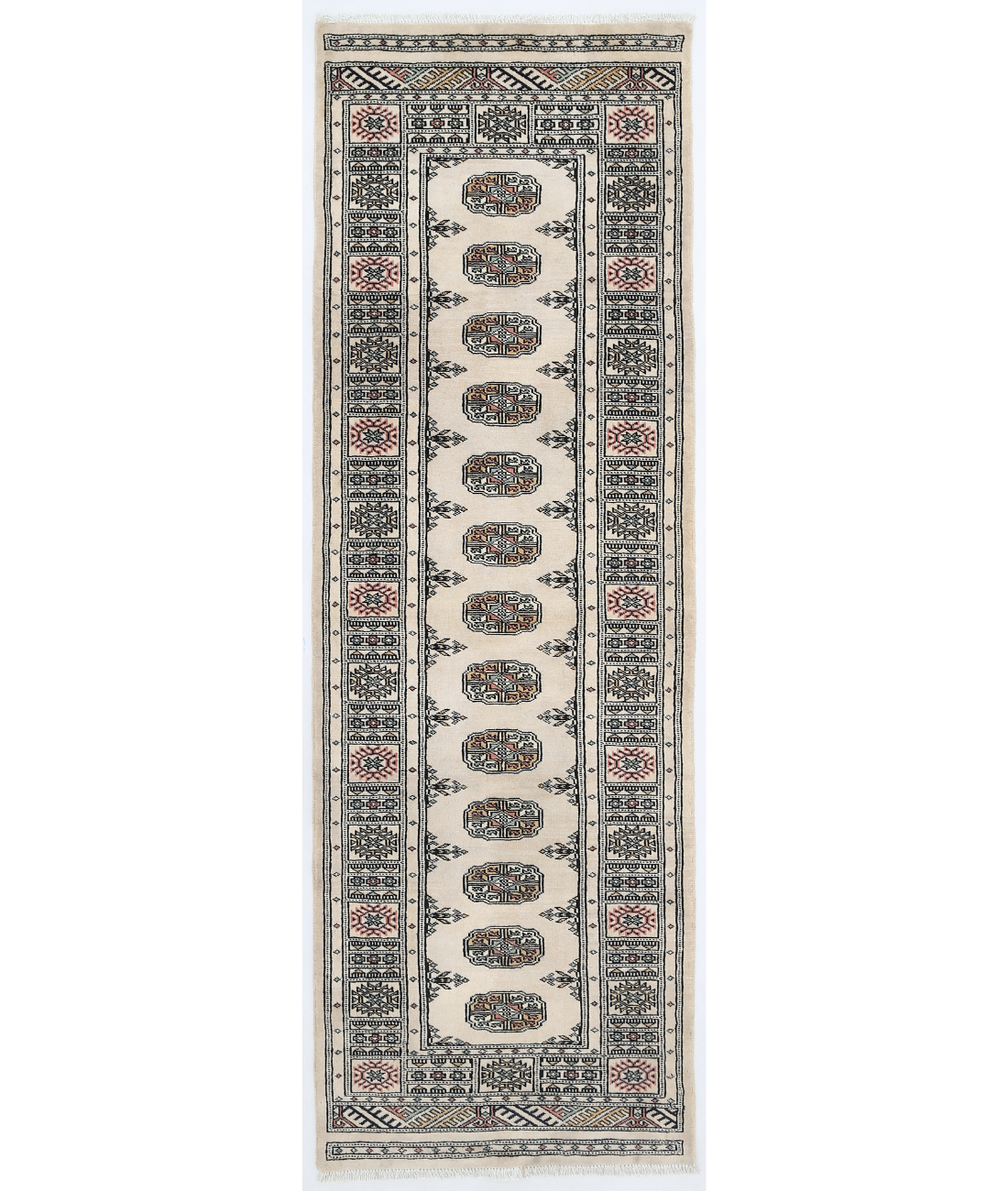 Hand Knotted Bokhara Wool Rug  - 2' 6" X 7' 7" 2' 6" X 7' 7" (76 X 231) / Ivory / Blue