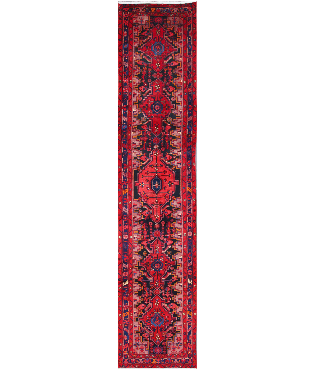 Hand Knotted Hamadan Wool Rug  - 3' 6" X 16' 6" 3' 6" X 16' 6" (107 X 503) / Blue / Red