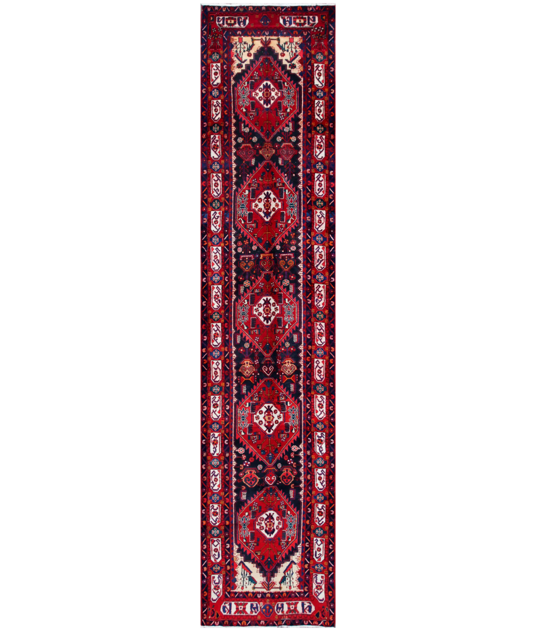 Hand Knotted Hamadan Wool Rug  - 3&#39; 6&quot; X 16&#39; 3&quot; 3&#39; 6&quot; X 16&#39; 3&quot; (107 X 495) / Blue / Red