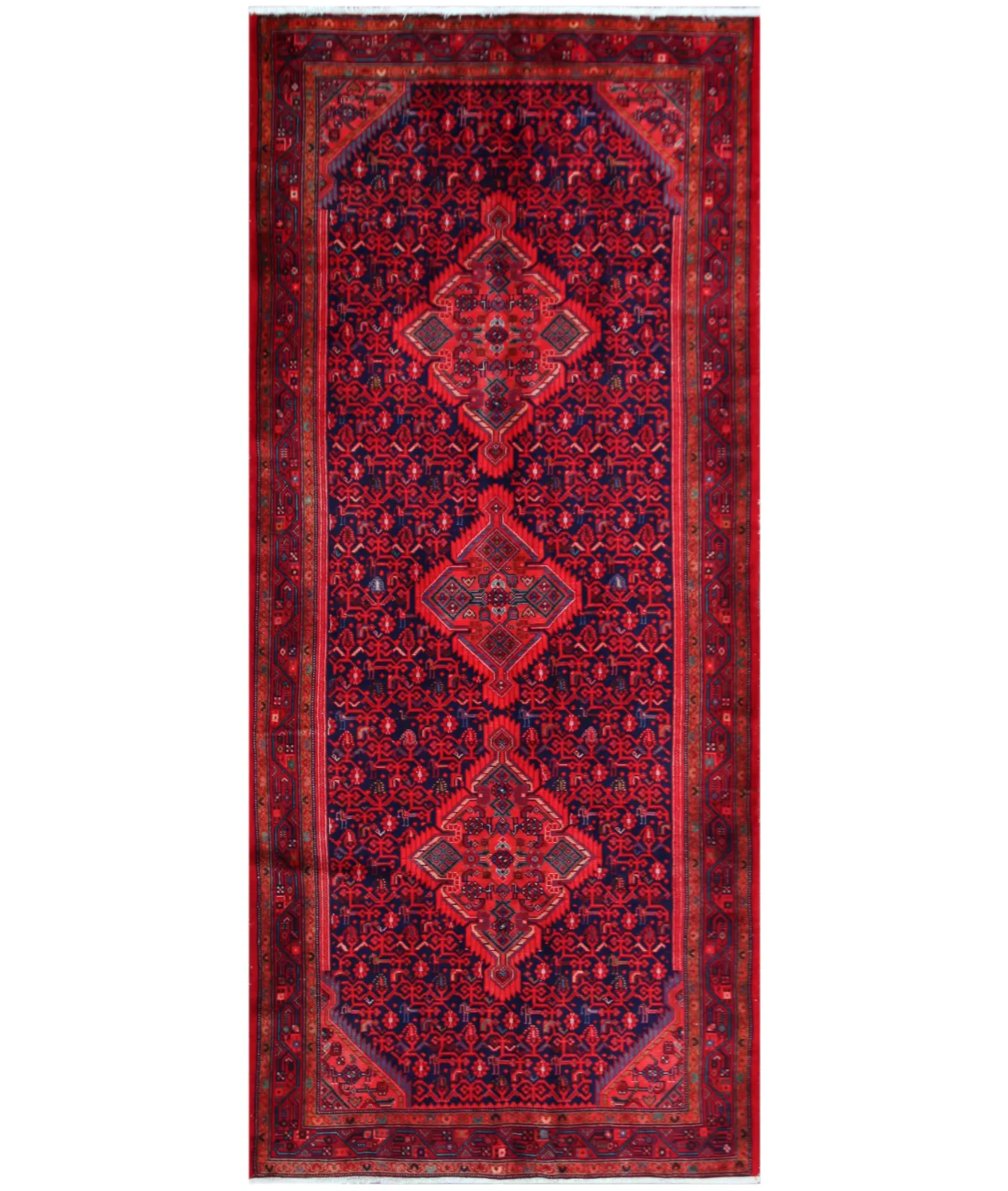 Hand Knotted Hamadan Wool Rug  - 4' 4" X 10' 4" 4' 4" X 10' 4" (132 X 315) / Blue / Red