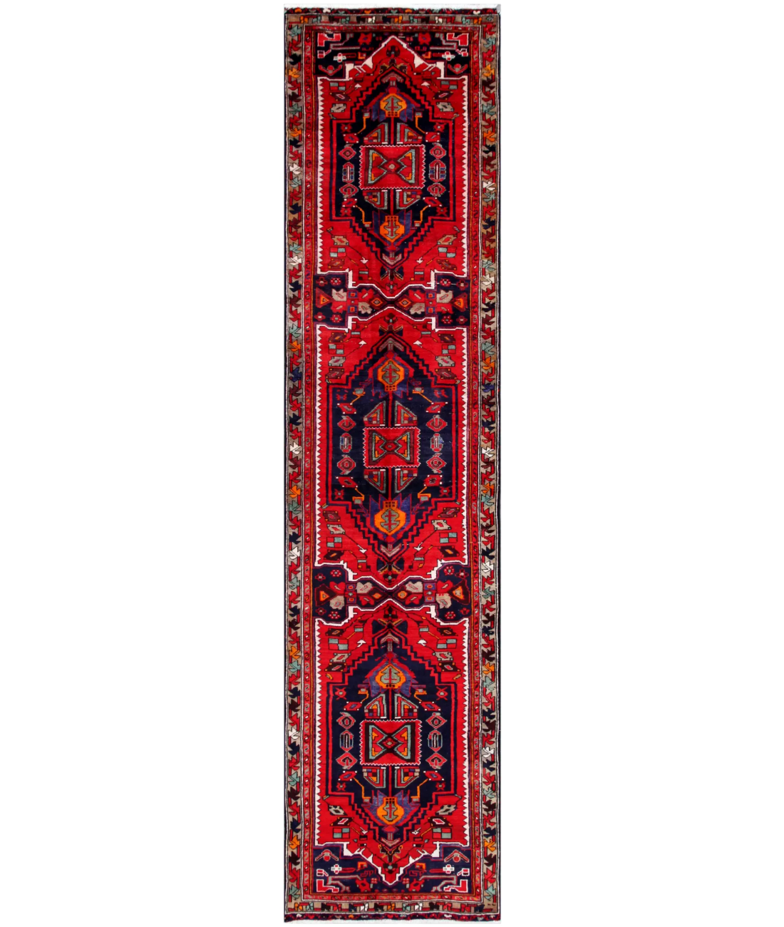 Hand Knotted Hamadan Wool Rug  - 3&#39; 1&quot; X 13&#39; 1&quot; 3&#39; 1&quot; X 13&#39; 1&quot; (94 X 399) / Red / Blue