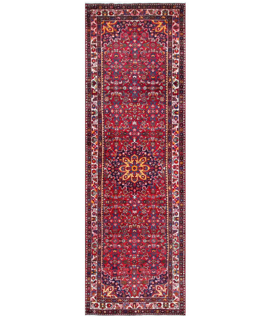 Hand Knotted Hamadan Wool Rug  - 3' 6" X 10' 11" 3' 6" X 10' 11" (107 X 333) / Red / Ivory