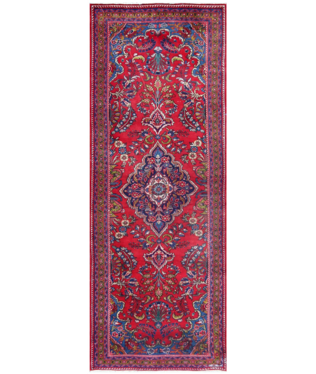 Hand Knotted Hamadan Wool Rug  - 3&#39; 8&quot; X 10&#39; 0&quot; 3&#39; 8&quot; X 10&#39; 0&quot; (112 X 305) / Red / Blue