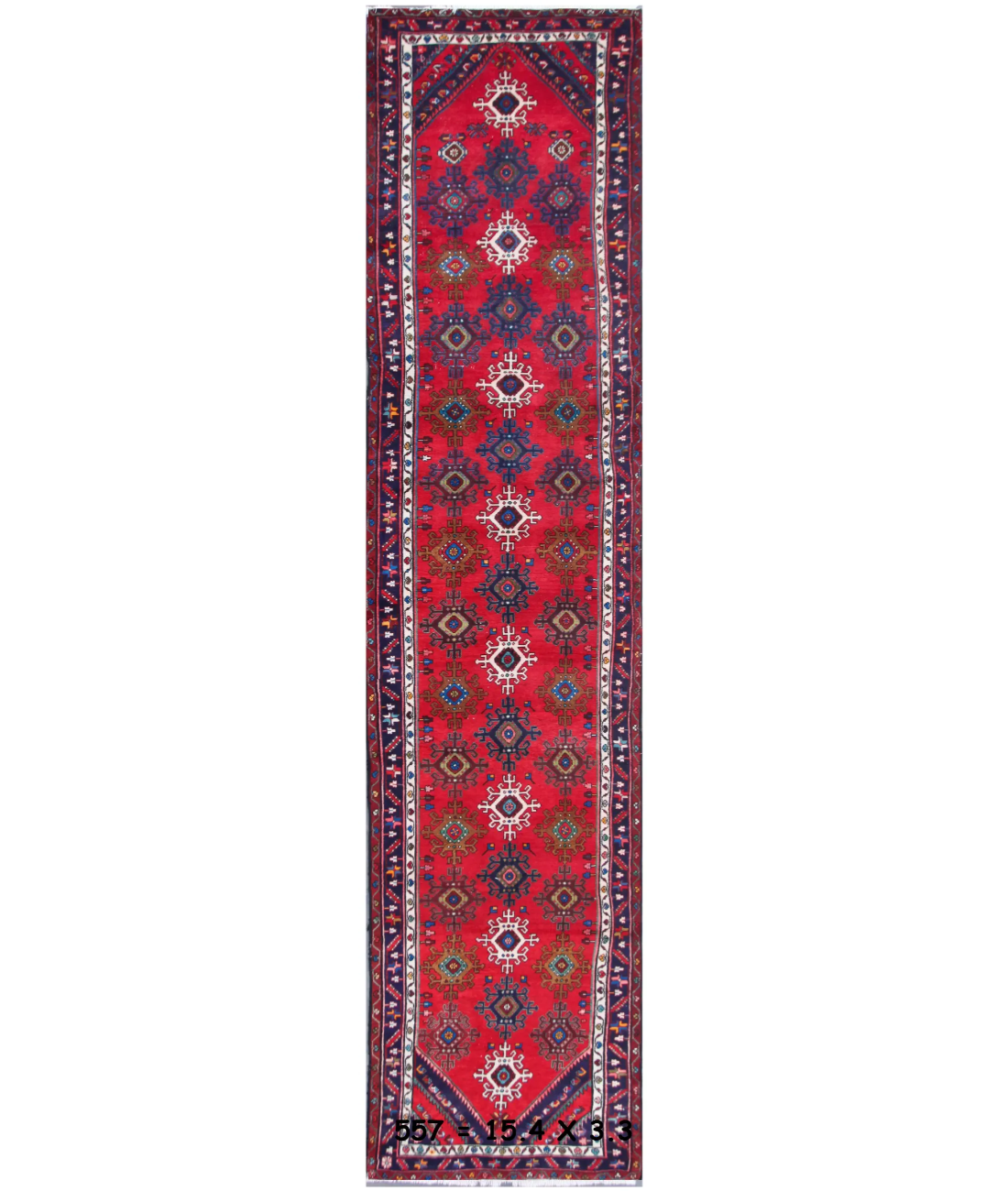 Hand Knotted Hamadan Wool Rug  - 3' 4" X 15' 2" 3' 4" X 15' 2" (102 X 462) / Red / Blue