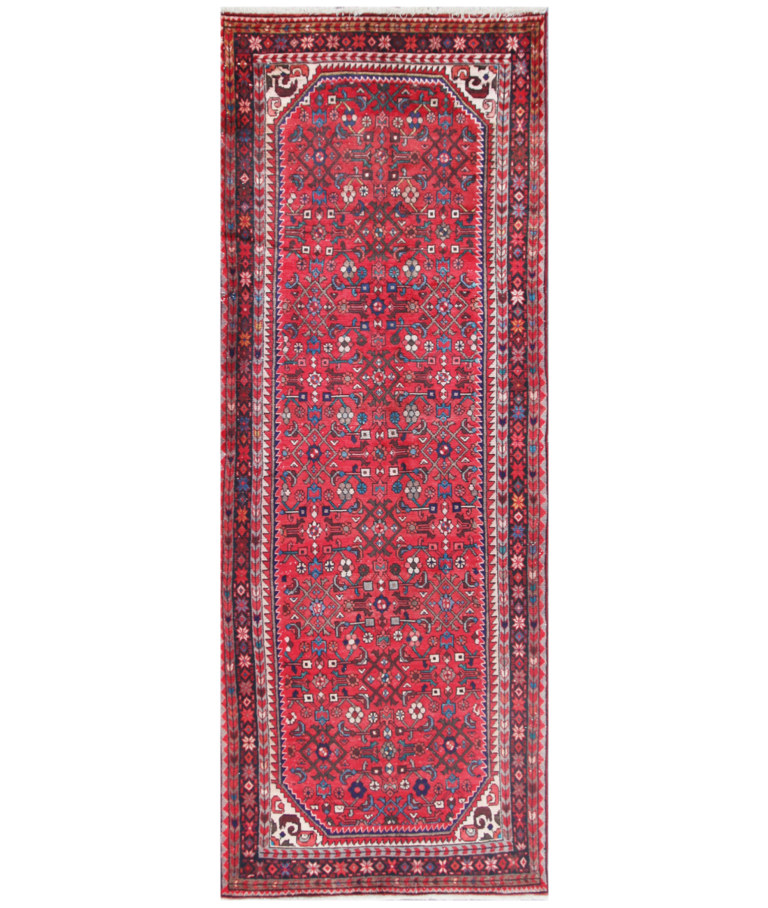 Hand Knotted Hamadan Wool Rug  - 3' 10" X 10' 3" 3' 10" X 10' 3" (117 X 312) / Red / Blue