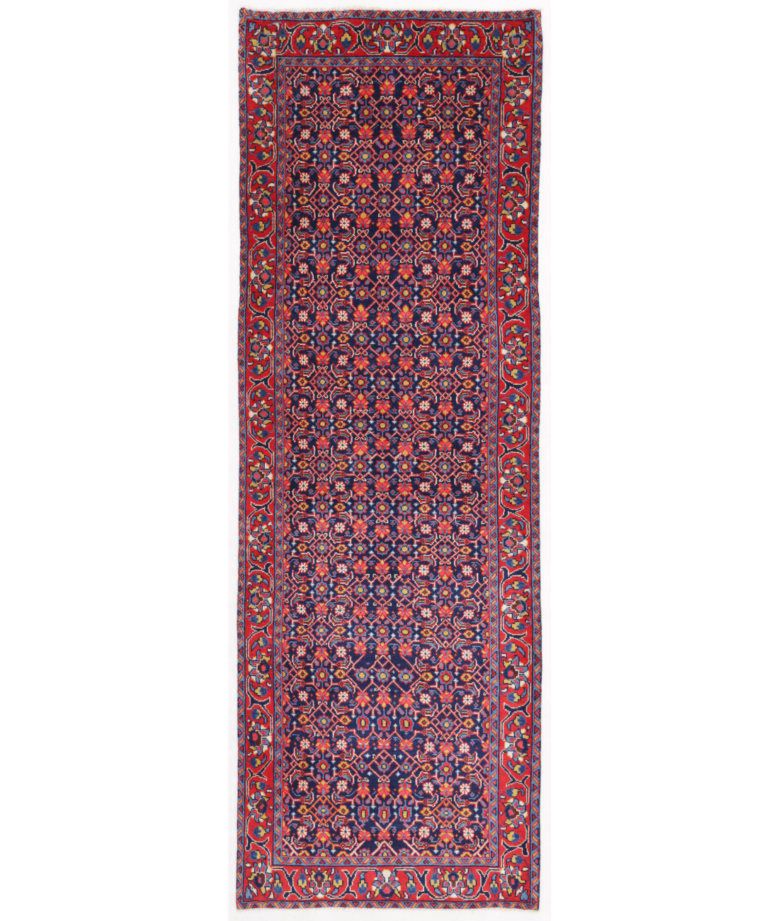 Hand Knotted Hamadan Wool Rug  - 3&#39; 6&quot; X 10&#39; 5&quot; 3&#39; 6&quot; X 10&#39; 5&quot; (107 X 318) / Blue / Red