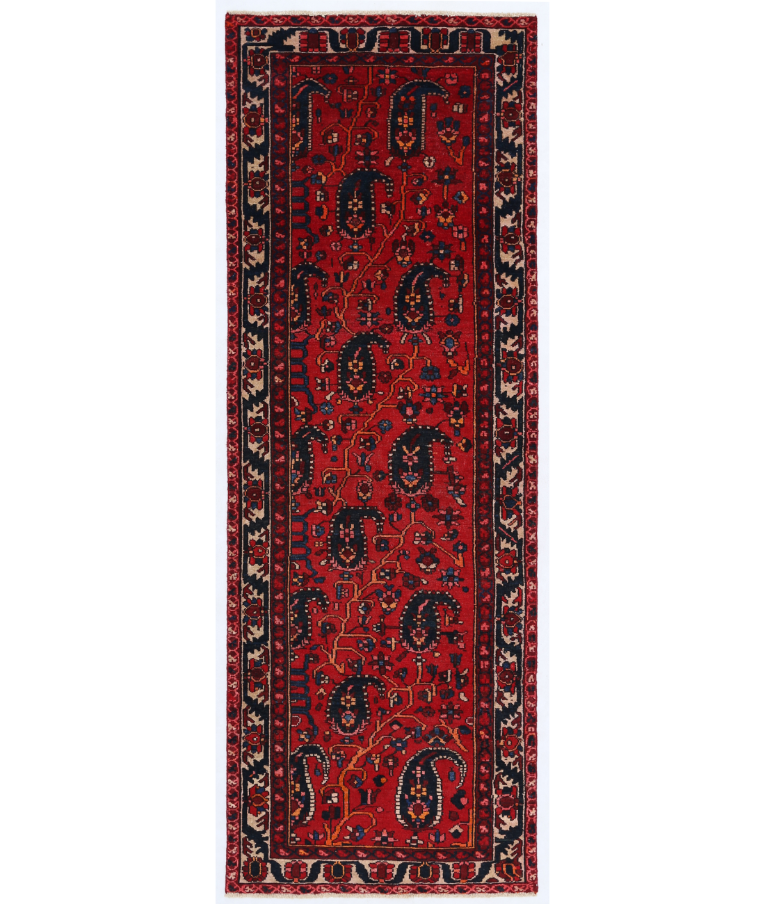 Hand Knotted Hamadan Wool Rug  - 3' 4" X 9' 7" 3' 4" X 9' 7" (102 X 292) / Red / Ivory