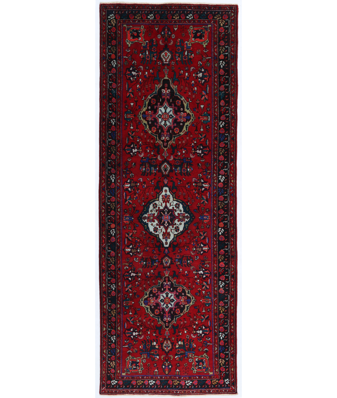 Hand Knotted Hamadan Wool Rug  - 3&#39; 9&quot; X 11&#39; 1&quot; 3&#39; 9&quot; X 11&#39; 1&quot; (114 X 338) / Red / Black