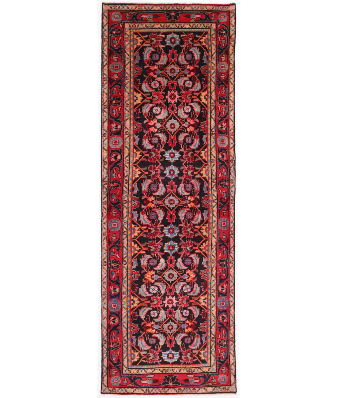 Hand Knotted Hamadan Wool Rug  - 3&#39; 5&quot; X 10&#39; 0&quot; 3&#39; 5&quot; X 10&#39; 0&quot; (104 X 305) / Black / Red