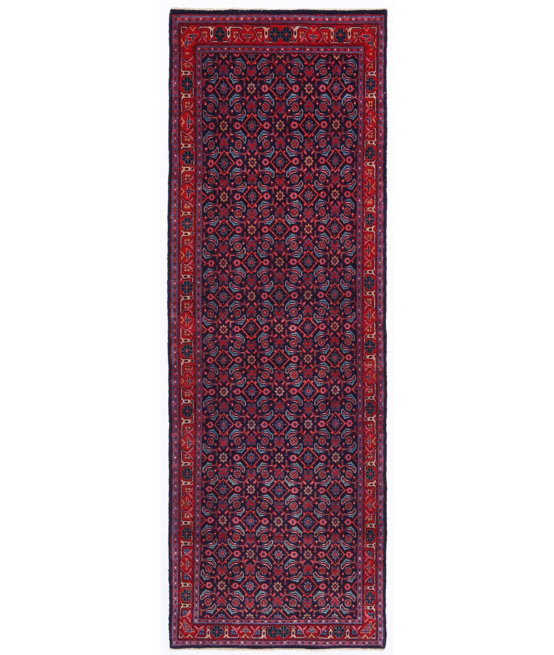 Hand Knotted Hamadan Wool Rug  - 3' 4" X 10' 2" 3' 4" X 10' 2" (102 X 310) / Blue / Red