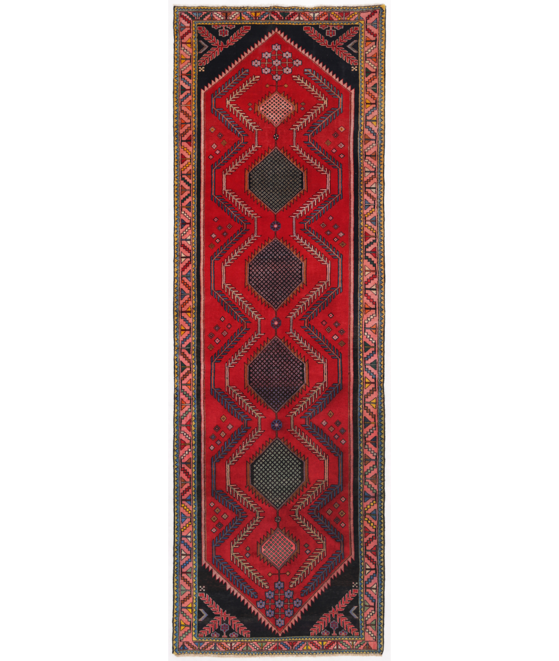 Hand Knotted Hamadan Wool Rug  - 3' 10" X 11' 10" 3' 10" X 11' 10" (117 X 361) / Red / Pink