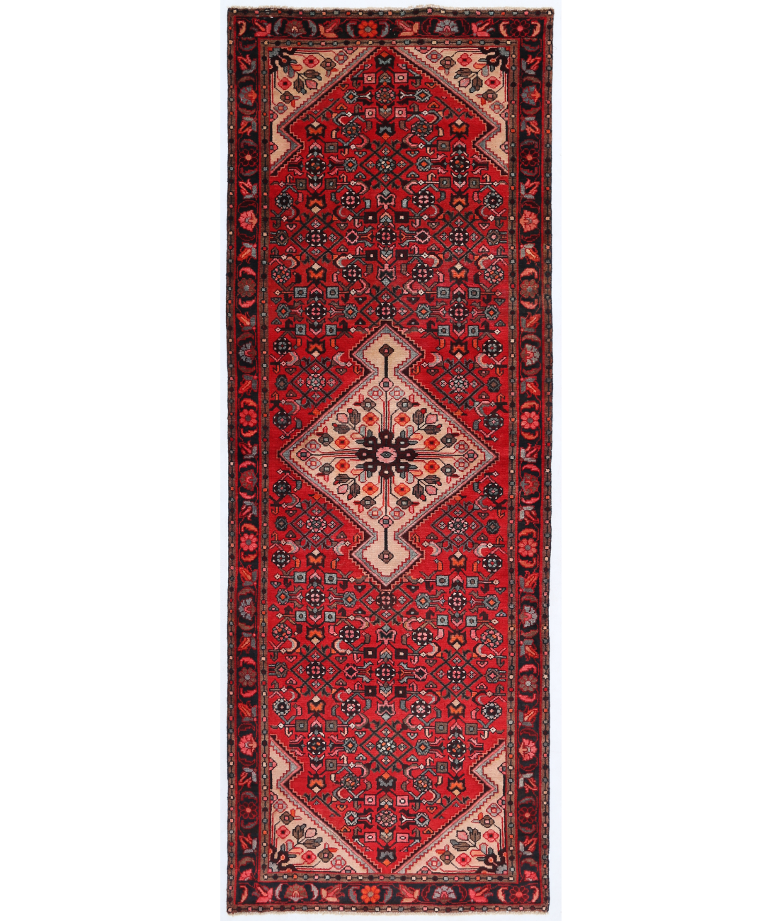 Hand Knotted Hamadan Wool Rug  - 3' 7" X 10' 2" 3' 7" X 10' 2" (109 X 310) / Red / Black