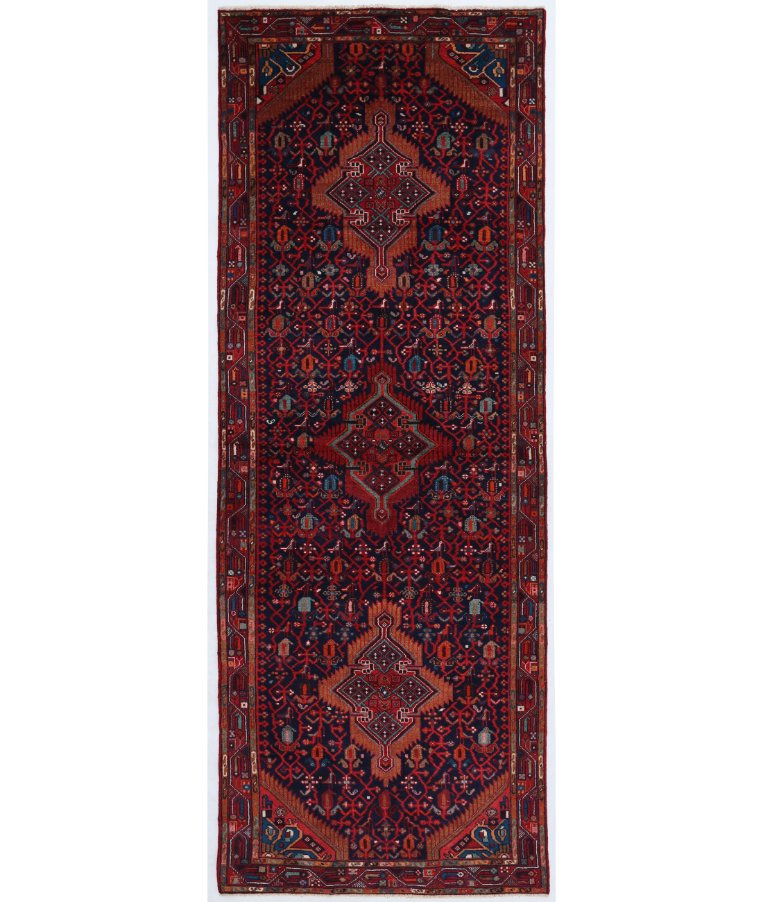 Hand Knotted Hamadan Wool Rug  - 4&#39; 1&quot; X 11&#39; 0&quot; 4&#39; 1&quot; X 11&#39; 0&quot; (124 X 335) / Blue / Red