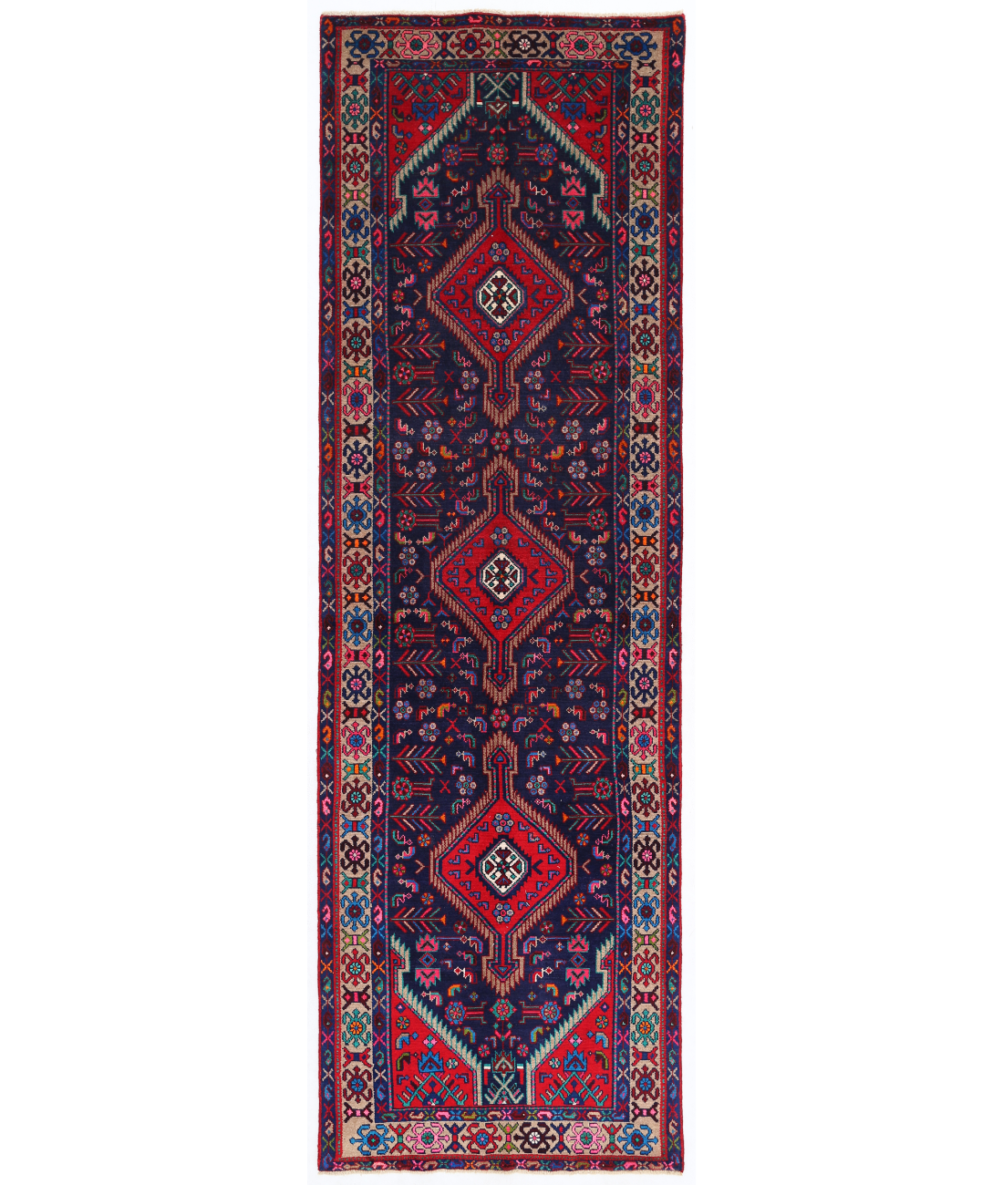 Hand Knotted Hamadan Wool Rug  - 3&#39; 4&quot; X 10&#39; 9&quot; 3&#39; 4&quot; X 10&#39; 9&quot; (102 X 328) / Blue / Ivory