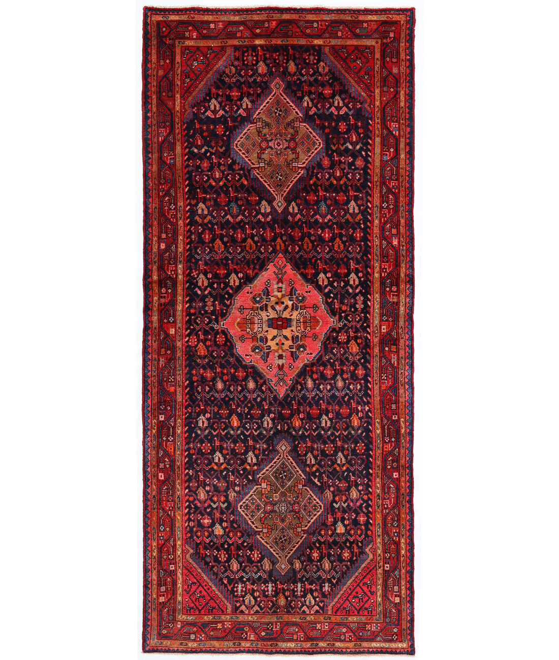 Hand Knotted Hamadan Wool Rug  - 4' 3" X 10' 1" 4' 3" X 10' 1" (130 X 307) / Black / Red