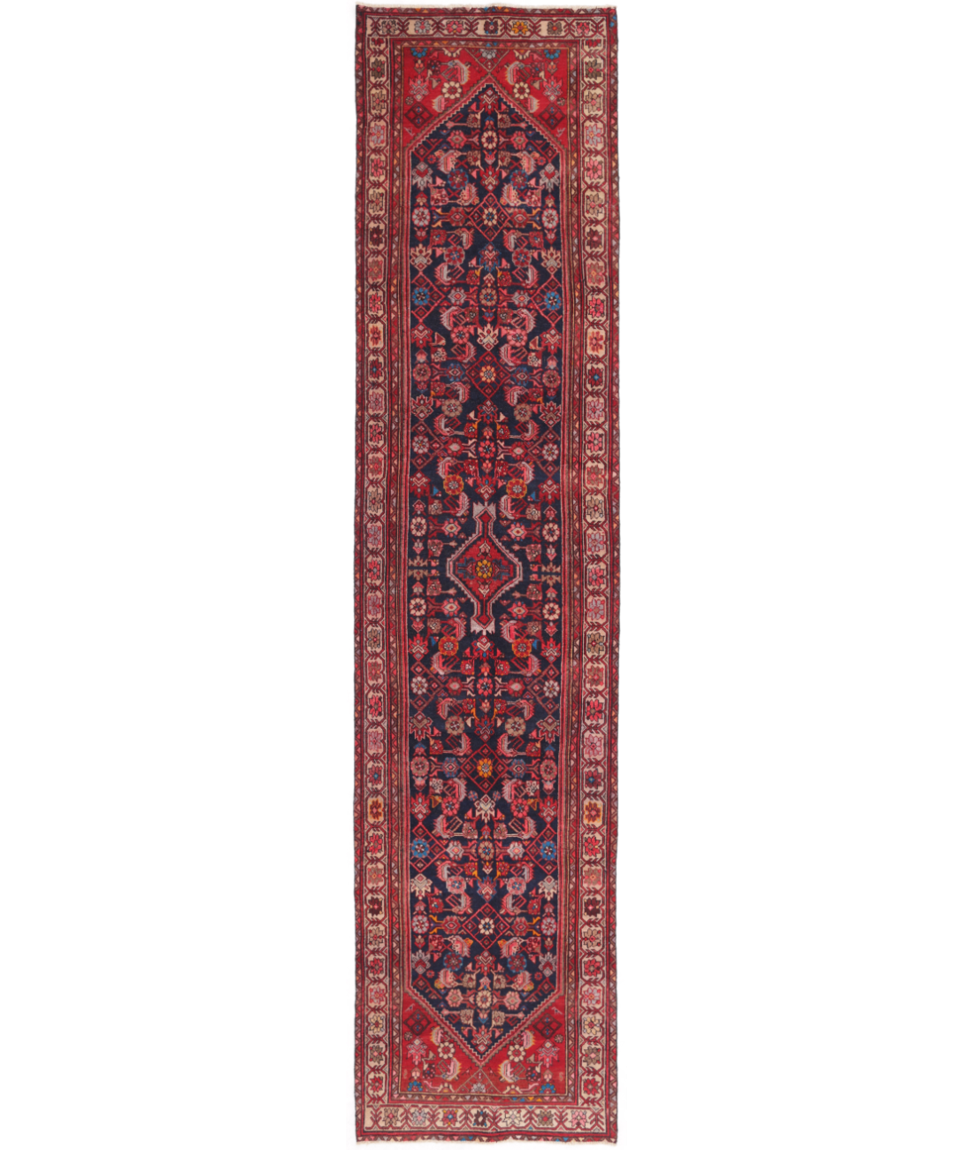 Hand Knotted Hamadan Wool Rug  - 3&#39; 7&quot; X 15&#39; 11&quot; 3&#39; 7&quot; X 15&#39; 11&quot; (109 X 485) / Blue / Ivory