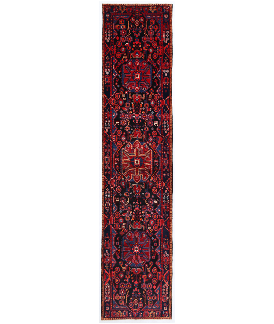 Hand Knotted Hamadan Wool Rug  - 3' 9" X 16' 2" 3' 9" X 16' 2" (114 X 493) / Blue / Red