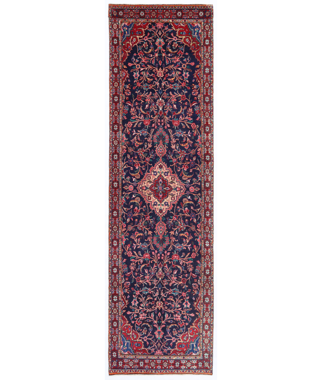 Hand Knotted Hamadan Wool Rug  - 3&#39; 7&quot; X 12&#39; 10&quot; 3&#39; 7&quot; X 12&#39; 10&quot; (109 X 391) / Blue / Red