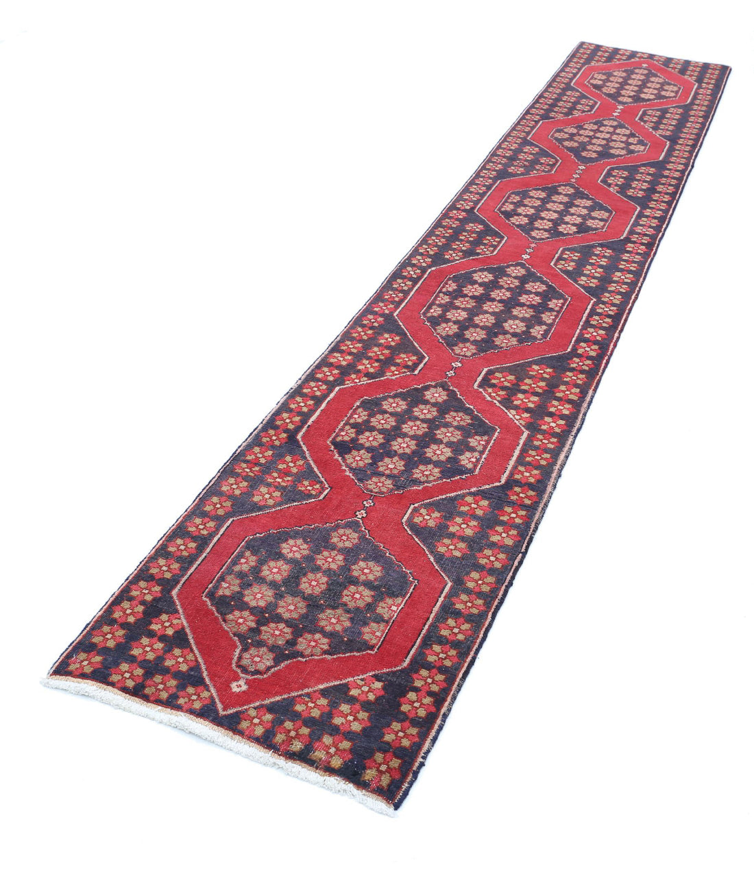 Hand Knotted Persian Hamadan Wool Rug - 2'0'' x 11'6'' 2'0'' x 11'6'' (60 X 345) / Black / Red