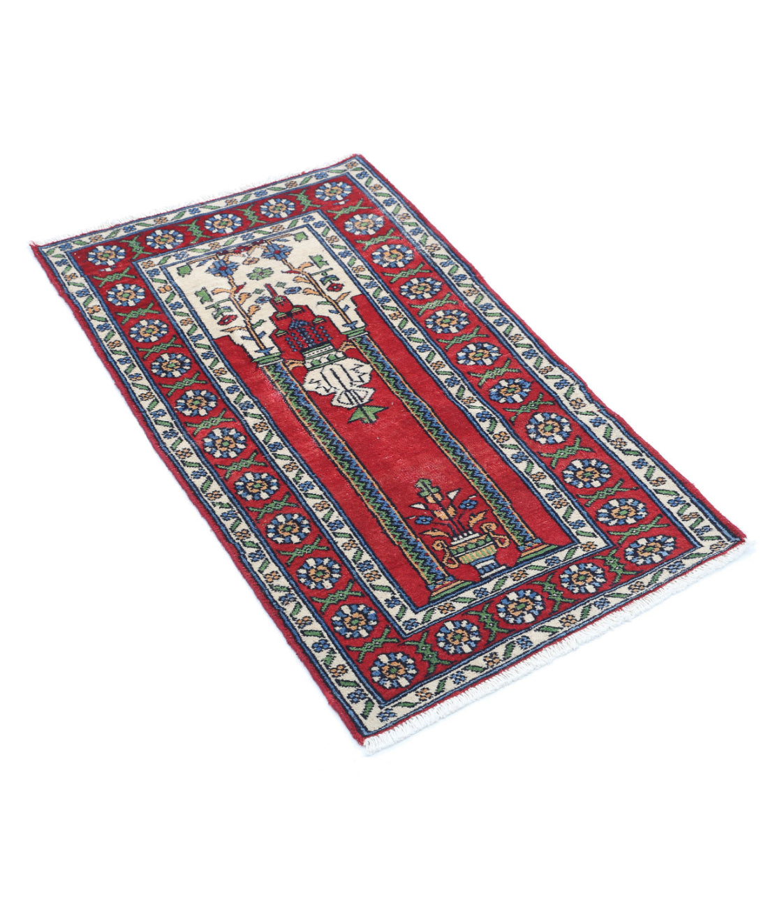 Hand Knotted New Traditional Prayer Wool Rug - 1'10'' x 3'1'' 1'10'' x 3'1'' (90 X 90) / Red / Ivory