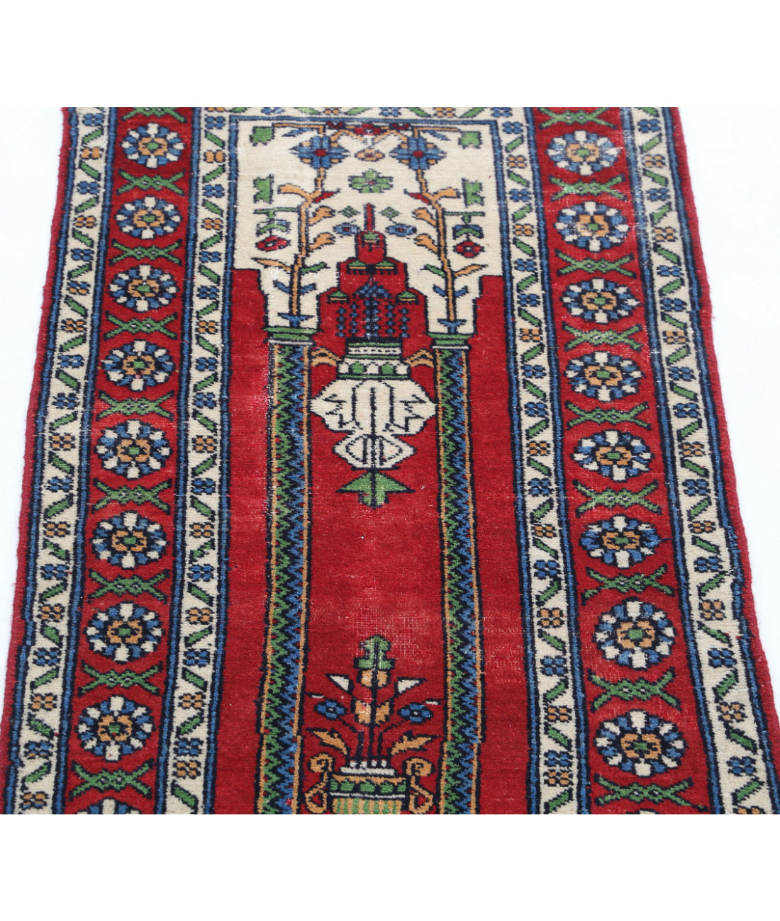 Hand Knotted New Traditional Prayer Wool Rug - 1'10'' x 3'1'' 1'10'' x 3'1'' (90 X 90) / Red / Ivory