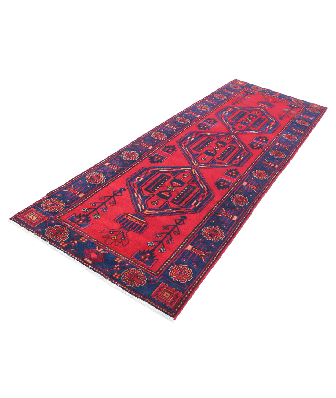 Hand Knotted Persian Hamadan Wool Rug - 3'6'' x 9'8'' 3'6'' x 9'8'' (105 X 290) / Red / Blue