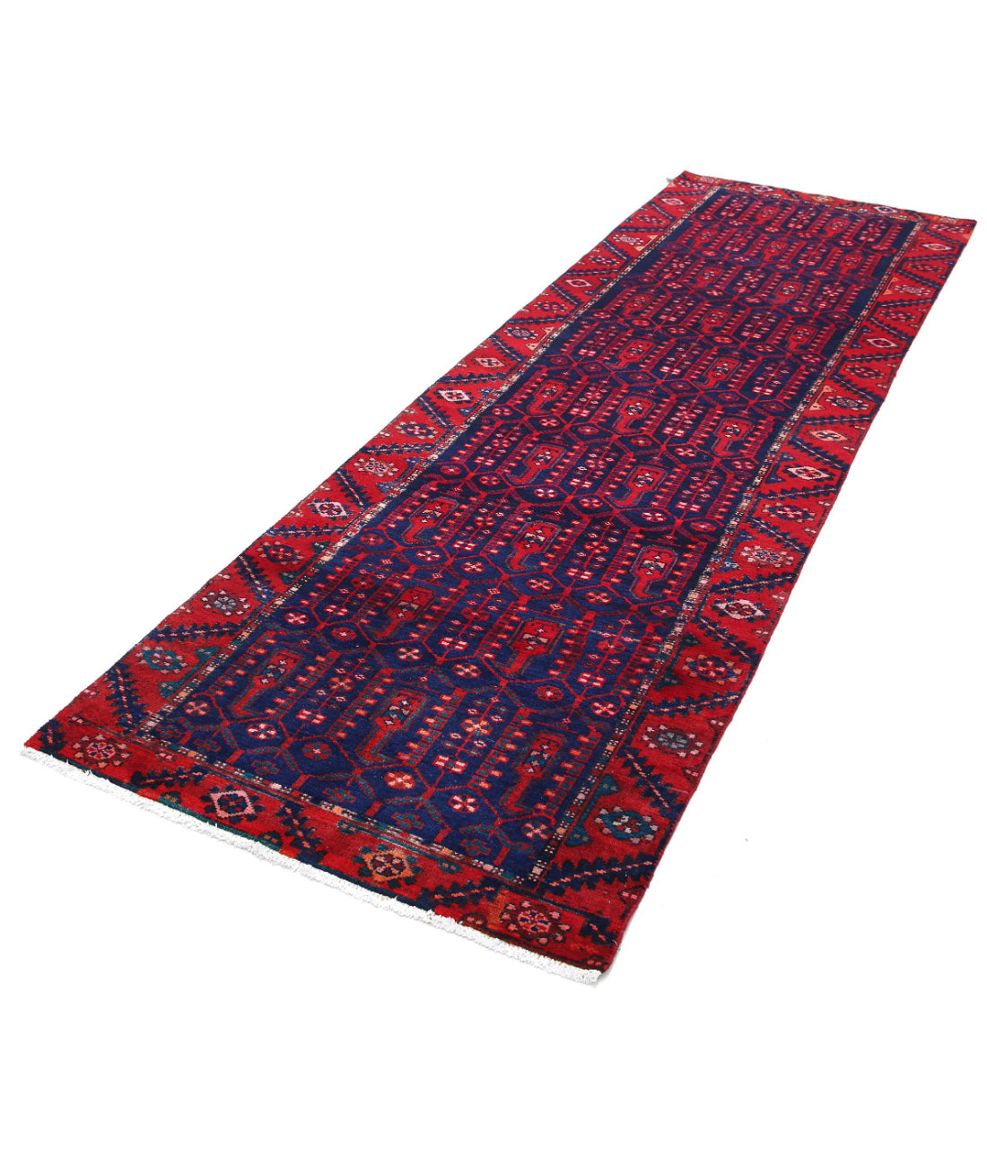 Hand Knotted Persian Hamadan Wool Rug - 3'4'' x 10'0'' 3'4'' x 10'0'' (100 X 300) / Blue / Red