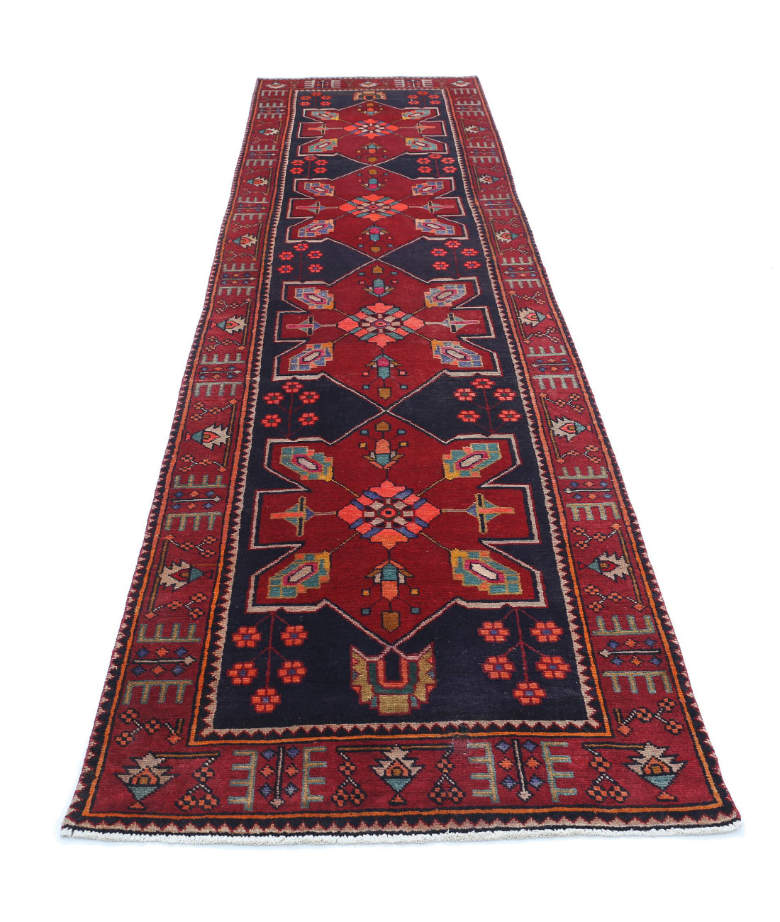 Hand Knotted Persian Hamadan Wool Rug - 3'3'' x 13'1'' 3'3'' x 13'1'' (98 X 393) / Black / Red