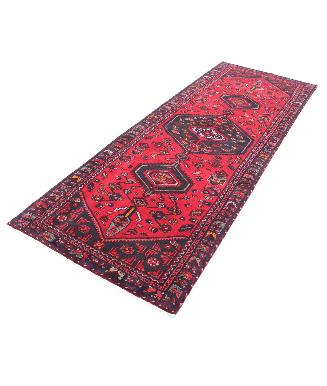 Hand Knotted Persian Hamadan Wool Rug - 3'7'' x 9'10'' 3'7'' x 9'10'' (108 X 295) / Red / Black